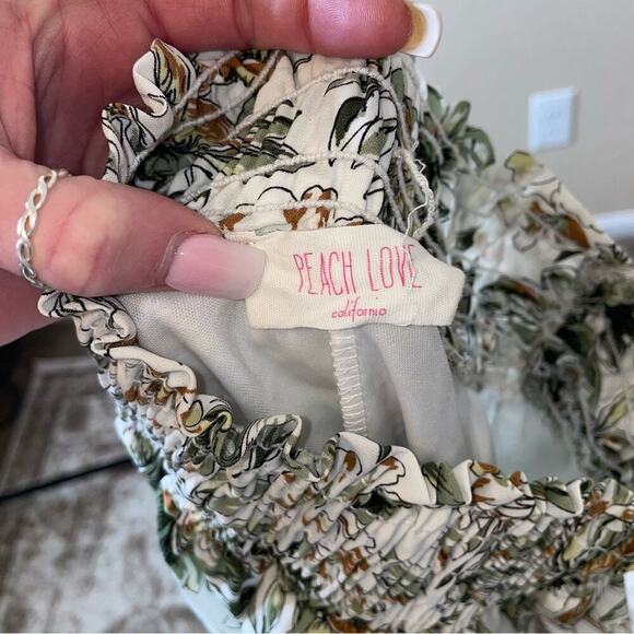 Peach Love California white & green leaf print pull on wide leg lightweight SZ S - Picture 10 of 13